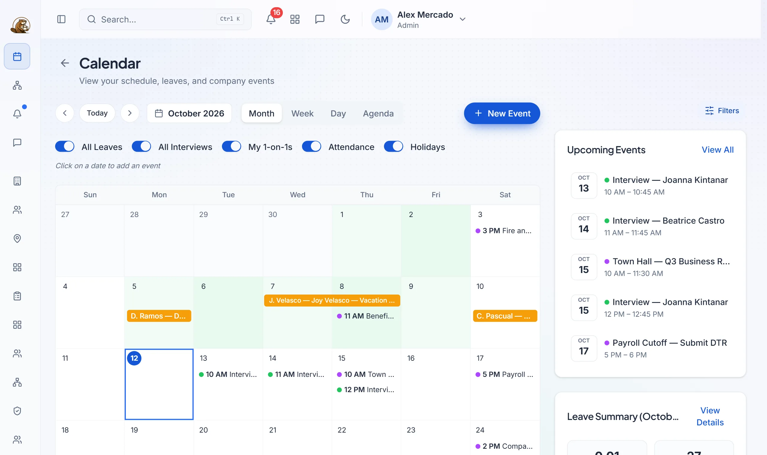 The BeavHR calendar showing approved leave, interviews and company events for the month